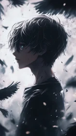Melancholic silver haired boy amid swirling dark feathers.