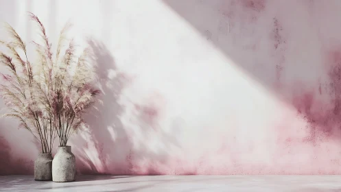 Minimal pampas vignette against rose-washed concrete wall.