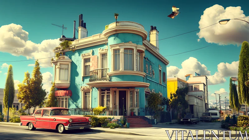 Retro turquoise townhouse with classic red car parked curbside.
