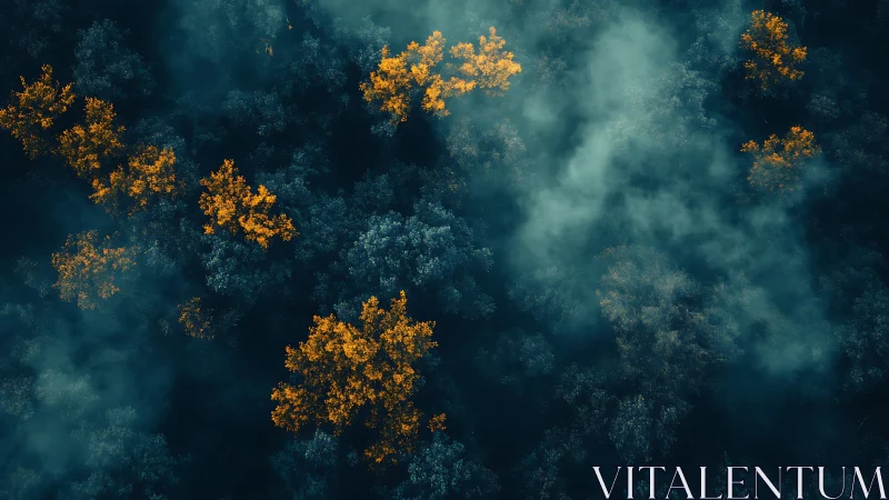 Foggy forest canopy reveals glowing orange treetops at dawn