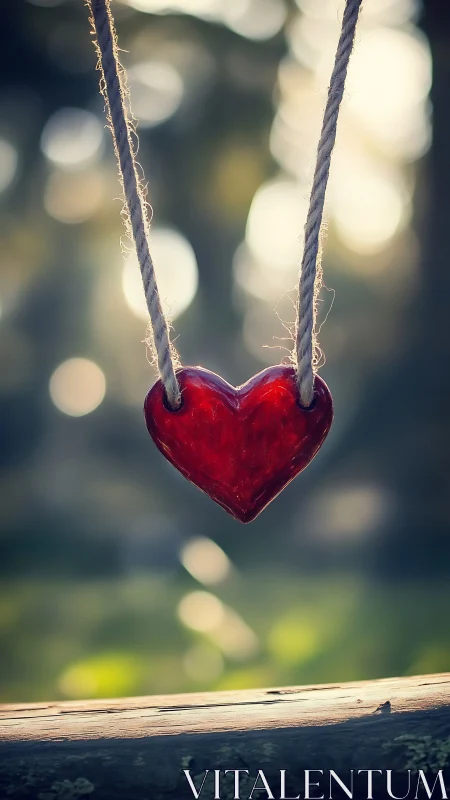 Red Heart Suspended by Twine Against Sunlit Foliage