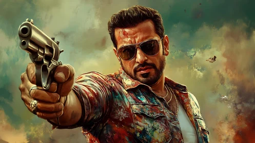 Bold street hero in painted chaos, staring down danger.