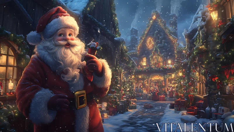 Santa walks through snowlit village under glowing garlands