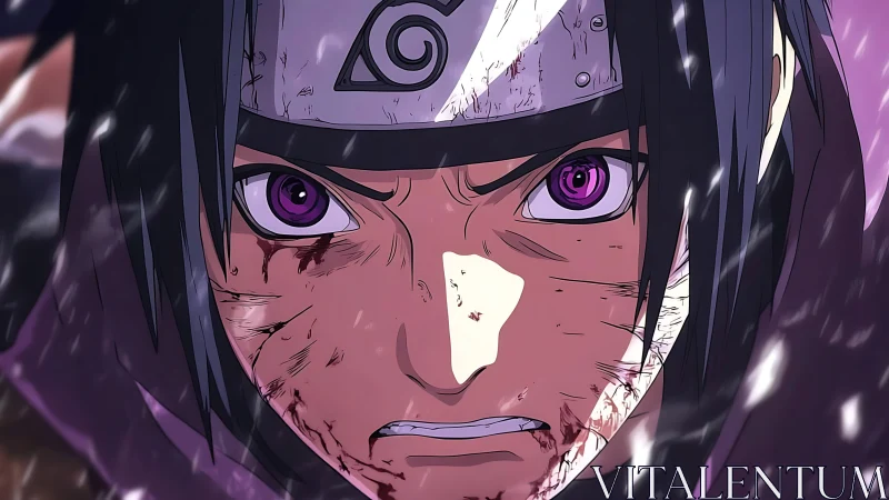 Injured anime warrior with headband and intense gaze.