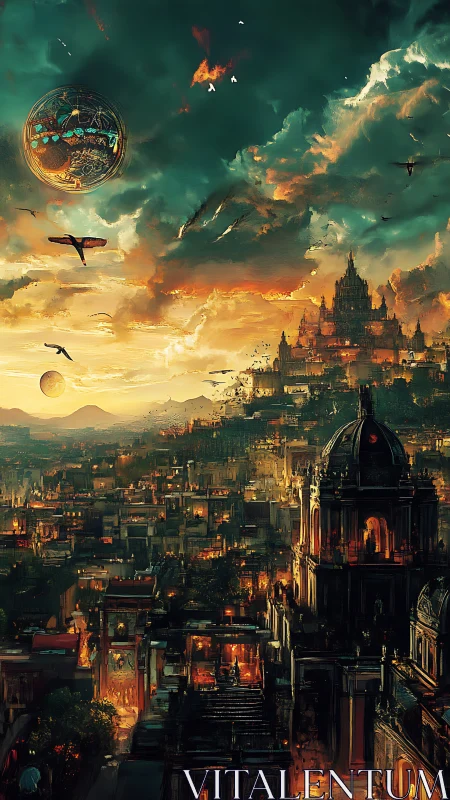 Stratified fantasy citadel under orb-laden storm sky at dusk