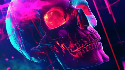 Neon cyber skull illuminated in vibrant magenta glow.