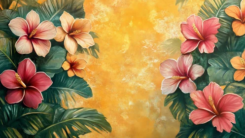 Tropical hibiscus border on textured golden background canvas.