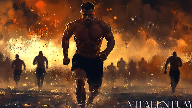 Muscular man sprinting ahead of runners in fiery scene.