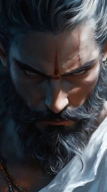 Warrior sage portrait with intense scarred gaze.