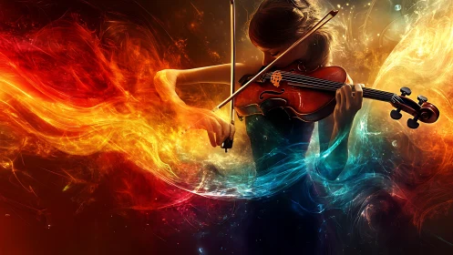Digital painting of fiery and aqueous violin performance symbolism.