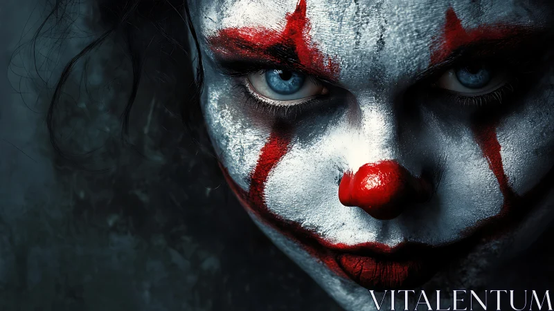 Clown face fills frame with intense blue-eyed stare