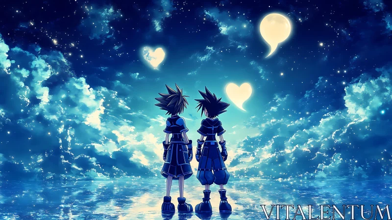 Twin anime heroes under luminous starry sky reflection.