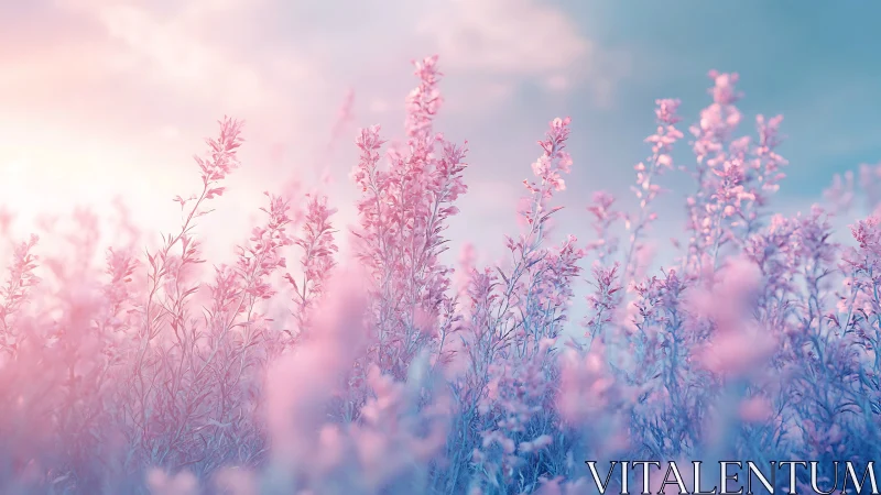 Soft pastel wildflowers under diffused sunrise sky glow