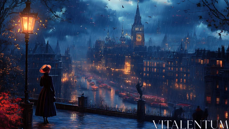 Victorian woman watches rainy steampunk city skyline at night