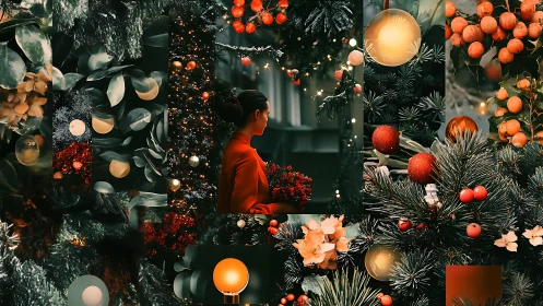Festive winter collage with woman in red amid glowing lights.
