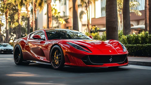 Red sports coupe is parked on an urban palm-lined street