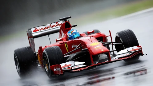 Scarlet Formula racer slices through rain-slicked circuit.