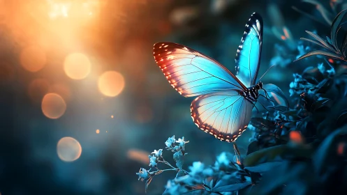 Blue butterfly glows in dreamy garden light at golden hour