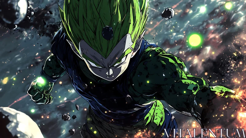 Cosmic green warrior rips through burning meteor storm in fury.