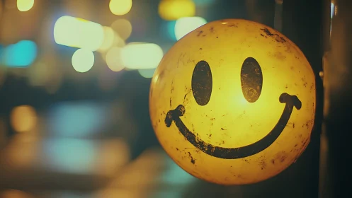 Worn yellow smiley face balloon glows over blurred city lights