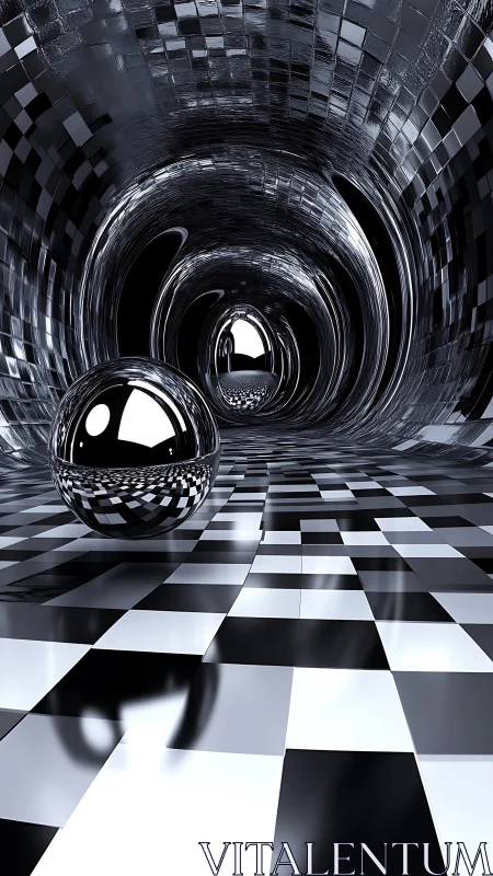 Chrome echo corridor with mirrored spheres in endless drift.