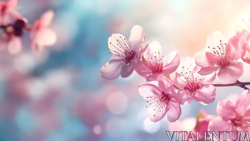 Pink cherry blossoms blooming on soft blue bokeh background