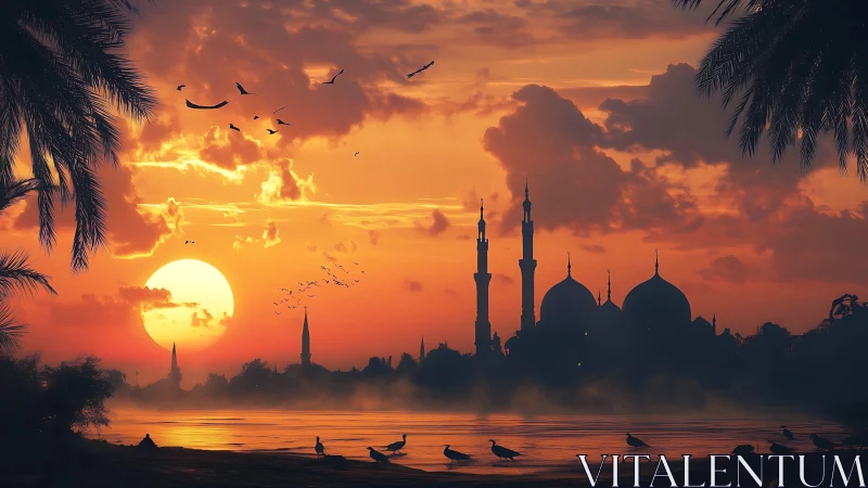 Crimson dusk over riverside mosque and drifting silhouettes.