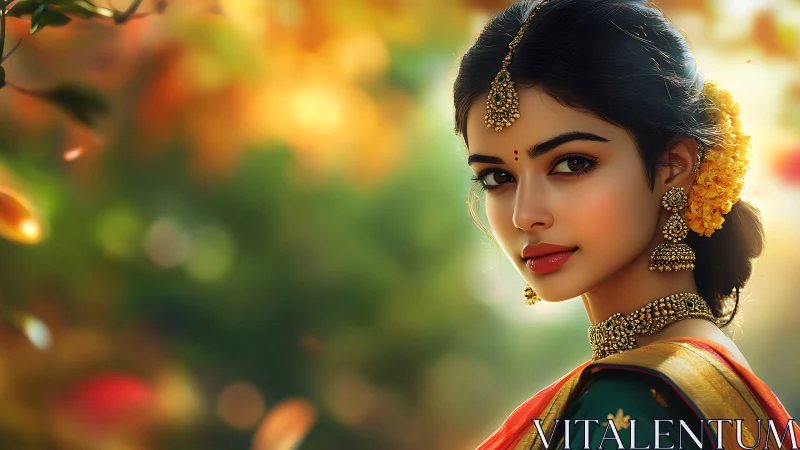 Photorealistic Indian portrait with festive jewelry bokeh glow