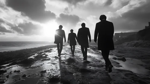 Backlit silhouettes of suited men stride across reflective shore