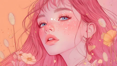 Blushing stardust muse in coral bloom daydreams.