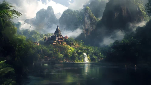 Mystical Temple Among Misty Peaks and Jungle Landscape.