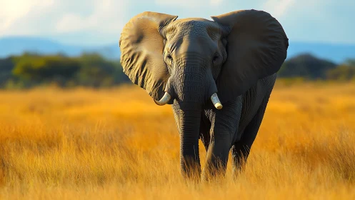 Telephoto shot isolates lone African elephant in golden savanna