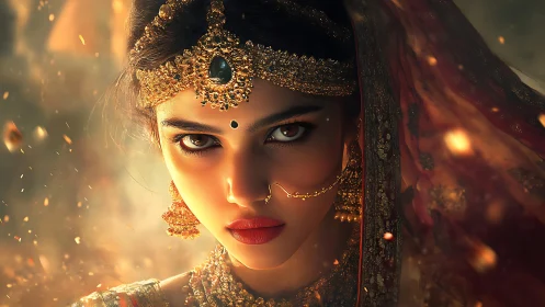 Regal South Asian bride rendered in dramatic digital chiaroscuro