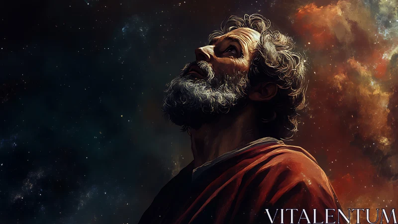 Stargazer in crimson robes drinking in a painted cosmos.