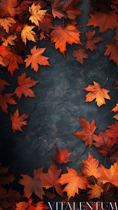 Crimson maple leaves border dark stone background art.