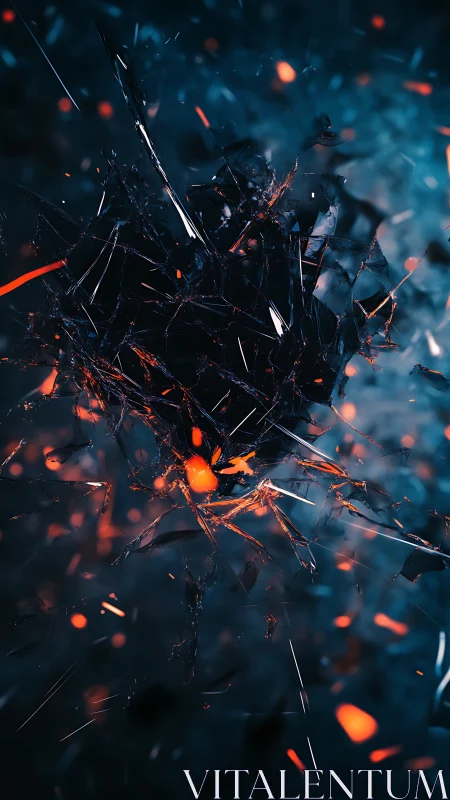 Shattered glass cluster with glowing orange embers in motion.