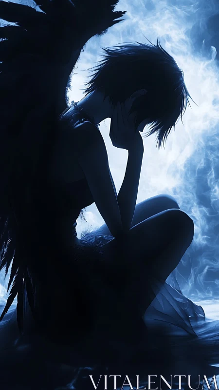 Backlit fallen angel silhouette in volumetric blue haze.