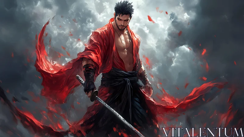 Sword-bearing warrior in red robe amid stormy clouds.