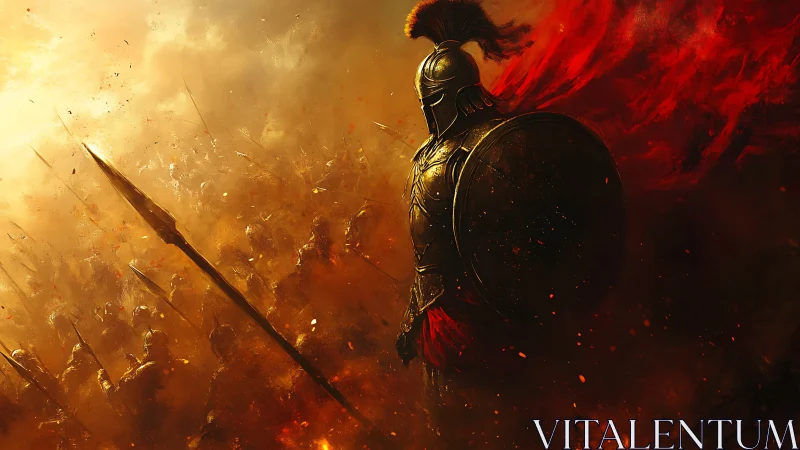 Lone armored warrior holding the line in a blazing battle.