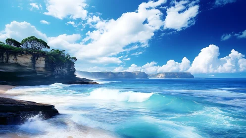 Cloudbright cliffs and singing turquoise waves at noon.