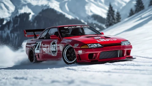 Red drift car carves dynamic trajectory through alpine snow