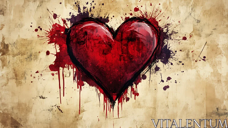 Red Heart with Ink Splatter Effects on Textured Beige Surface.