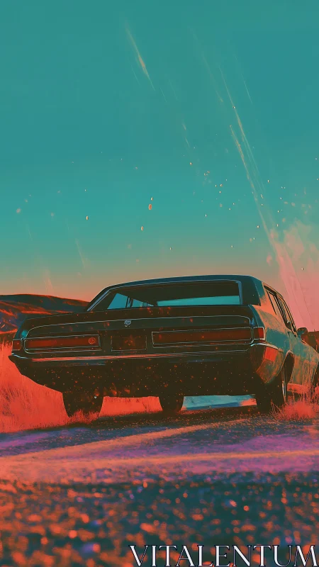 Sunset muscle car roaring through neon desert dust. Period.
