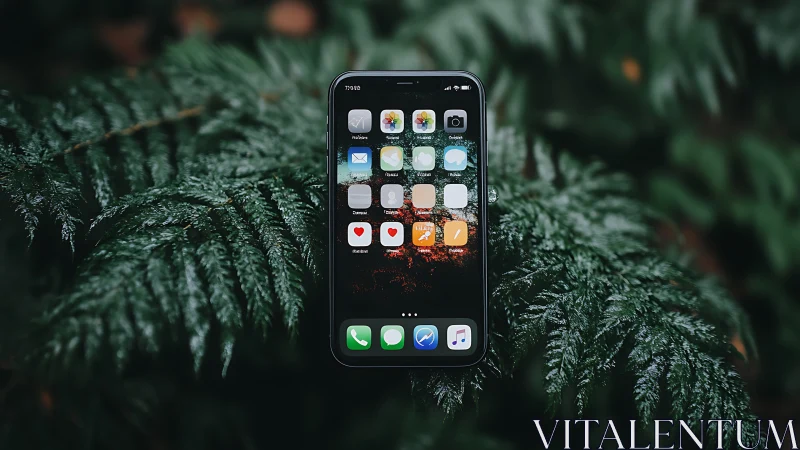 iPhone Home Screen Against Evergreen Foliage.