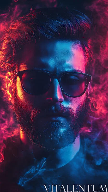 Neon lit portrait of a bearded man in cool drifting smoke.