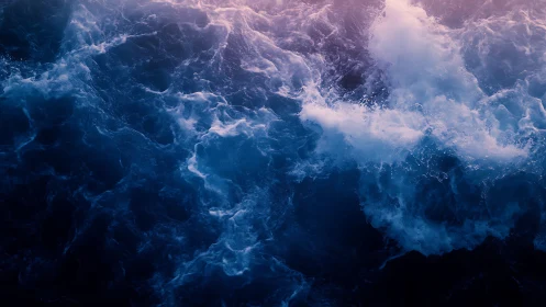 Ocean surface turbulence in twilight magenta-blue contrast.