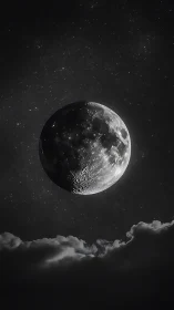 Lunar surface detail above cloud layer in monochrome night sky.