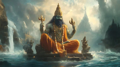 Mythic deity seated amid storm-lit oceanic temple ruins