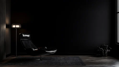 Low key minimalist lounge scene renders controlled chiaroscuro lighting