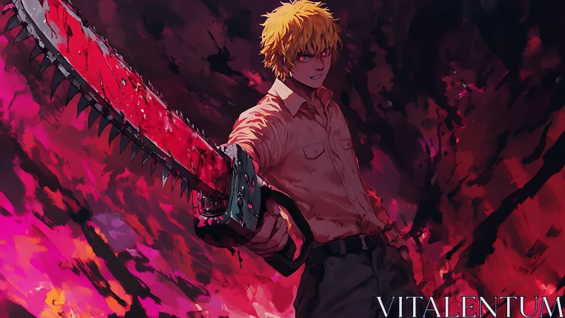 Fierce chainsaw warrior framed by blazing red fury.